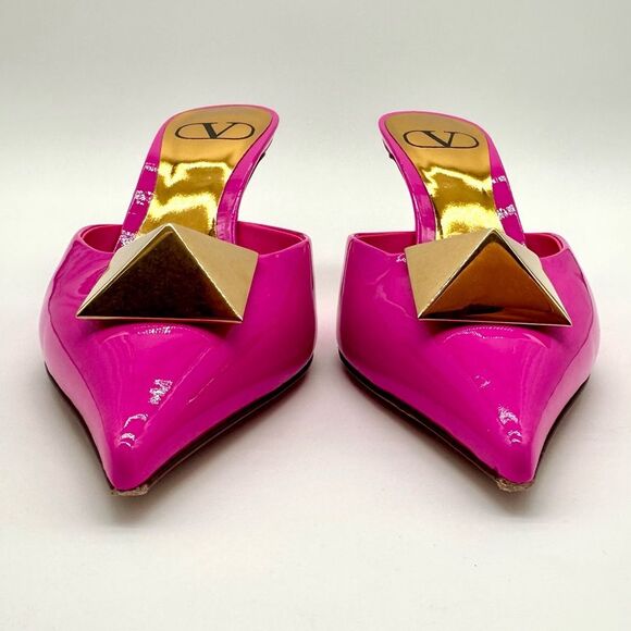 Valentino Garavani One Stud Pink Patent Leather Mules Heels EU 37.5 US 7.5 - Picture 4 of 13